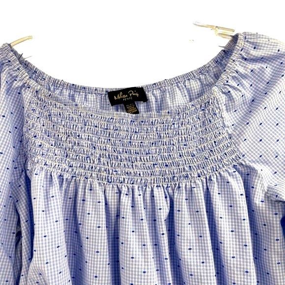 Melissa Paige Gingham Print Off Shoulder Top Blue White Size Petite Large - Picture 9 of 17